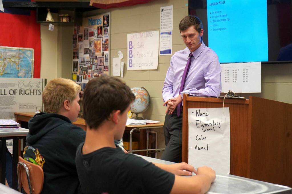 History teacher Jacob Marshall speaks to his class on the first day of the school year at Skyview Middle School near Soldotna, Alaska, on Wednesday, Aug. 21, 2024. (Jake Dye/Peninsula Clarion)