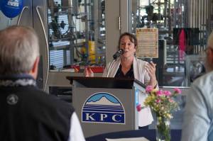 Kenai Peninsula College Director Cheryl Siemers speaks at a celebration of the 60th anniversary of Kenai Peninsula College in Soldotna, Alaska, on Tuesday, Aug. 20, 2024. (Jake Dye/Peninsula Clarion)