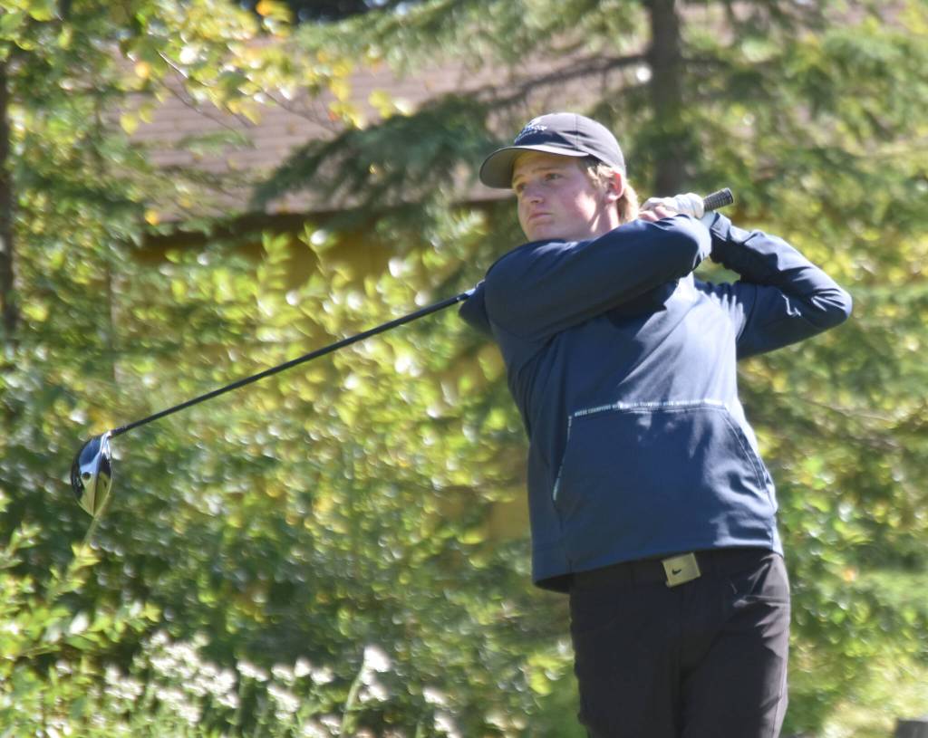 Shane Sundberg tees off on No. 16 on the way to winning the Mens Division at the Birch Ridge Amateur Championship on Sunday, Aug. 25, 2024, at Birch Ridge Golf Course in Soldotna, Alaska. (Photo by Jeff Helminiak/Peninsula Clarion)