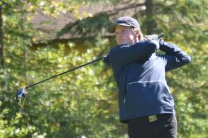 Shane Sundberg tees off on No. 16 on the way to winning the Men's Division at the Birch Ridge Amateur Championship on Sunday, Aug. 25, 2024, at Birch Ridge Golf Course in Soldotna, Alaska. (Photo by Jeff Helminiak/Peninsula Clarion)