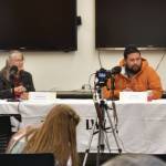Kenai City Council member Deborah Sounart, left, and candidate Sovala Kisena participate in the KDLL 91.9 FM/Peninsula Clarion 2024 Candidate Forum Series on Monday, at the Kenai Community Library . (Photo by Erin Thompson/Peninsula Clarion)