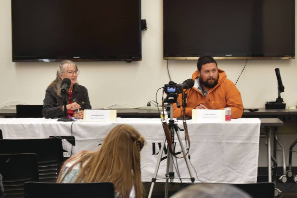 Kenai City Council member Deborah Sounart, left, and candidate Sovala Kisena participate in the KDLL 91.9 FM/Peninsula Clarion 2024 Candidate Forum Series on Monday, at the Kenai Community Library . (Photo by Erin Thompson/Peninsula Clarion)
