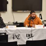 Kenai City Council member Deborah Sounart (left) and candidate Sovala Kisena participate in the KDLL 91.9 FM/Peninsula Clarion 2024 Candidate Forum Series on Monday, Aug. 26, 2024, at the Kenai Community Library in Kenai, Alaska. (Photo by Erin Thompson/Peninsula Clarion)