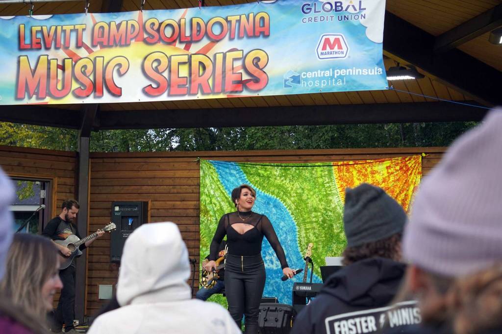 Ellie and the Echoes perform the last night of the Levitt AMP Soldotna Music Series at Soldotna Creek Park in Soldotna, Alaska, on Wednesday, Aug. 28, 2024. (Jake Dye/Peninsula Clarion)