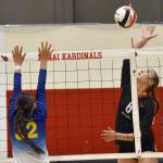 Kenai Centrals Stella Selanoff attacks against Kodiaks Malanie Gronn at Kenai Central High School in Kenai, Alaska, on Thursday, Aug. 29, 2024. (Photo by Jeff Helminiak/Peninsula Clarion)