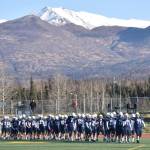 Photo by Jeff Helminiak/Peninsula Clarion
Soldotna head coach Galen Brantley Jr. leads his team back on the field after halftime Saturday, Oct. 21, 2023, in the Division II championship game at Service High School in Anchorage, Alaska.