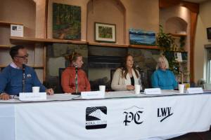 (from left to right) Homer city mayoral candidates Jim Anderson and Rachel Lord and incumbent city council candidates Donna Aderhold and Shelly Erickson answer questions during a forum held on Thursday, Aug. 29, 2024, in the Homer Public Library Fireplace Lounge in Homer, Alaska. (Delcenia Cosman/Homer News)