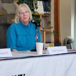 Homer city council member and incumbent candidate Shelly Erickson answers questions posed by moderators from KBBI and the Peninsula Clarion during a forum held on Thursday, Aug. 29, 2024, in the Homer Public Library Fireplace Lounge in Homer, Alaska. (Delcenia Cosman/Homer News)