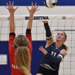 Soldotnas Sadie Lane attacks against Kenai Centrals Sophie Tapley on Thursday, Sept. 5, 2024, at Soldotna High School in Soldotna, Alaska. (Photo by Jeff Helminiak/Peninsula Clarion)