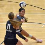 Soldotnas Kiona Dexter digs up a ball Thursday, Sept. 5, 2024, at Soldotna High School in Soldotna, Alaska. (Photo by Jeff Helminiak/Peninsula Clarion)