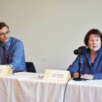 Soldotna City Council members Jordan Chilson, left, and Linda Farnsworth-Hutchings participate in the Peninsula Clarion and KDLL candidate forum series, Thursday, Sept. 5 at the Soldotna Public Library . (Photo by Erin Thompson/Peninsula Clarion)