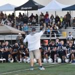 Soldotna head coach Galen Brantley Jr. addresses his team and a homecoming crowd after defeating West Valley 57-21 to roll up the most win by a coach in Alaska history on Friday, Sept. 6, 2024, at Justin Maile Field at Soldotna High School in Soldotna, Alaska. (Photo by Jeff Helminiak/Peninsula Clarion)