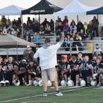Soldotna head coach Galen Brantley Jr. addresses his team and a homecoming crowd after defeating West Valley 57-21 to roll up the most win by a coach in Alaska history on Friday, Sept. 6, 2024, at Justin Maile Field at Soldotna High School in Soldotna, Alaska. (Photo by Jeff Helminiak/Peninsula Clarion)