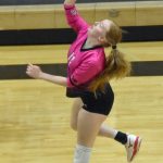 Kenai Centrals Ellsi Miller attacks Saturday, Sept. 7, 2024, at the 17th Annual Shayna Pritchard Memorial Volleyball Tournament at Nikiski Middle-High School in Nikiski, Alaska. (Photo by Jeff Helminiak/Peninsula Clarion)