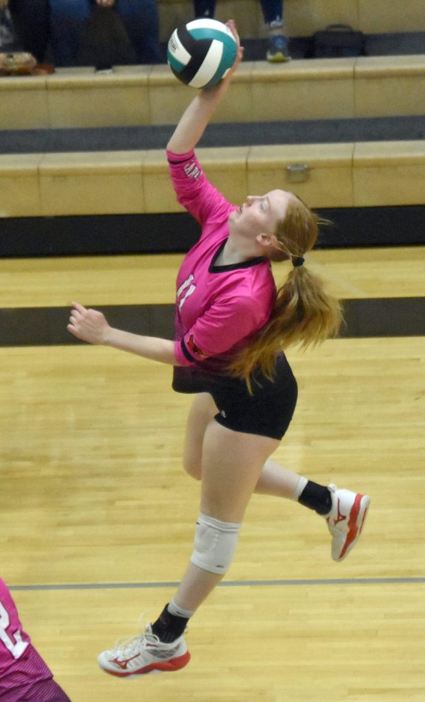 Kenai Centrals Ellsi Miller attacks Saturday, Sept. 7, 2024, at the 17th Annual Shayna Pritchard Memorial Volleyball Tournament at Nikiski Middle-High School in Nikiski, Alaska. (Photo by Jeff Helminiak/Peninsula Clarion)