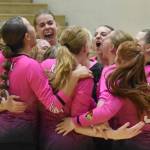 Kenai Central celebrates winning the title Saturday, Sept. 7, 2024, at the 17th Annual Shayna Pritchard Memorial Volleyball Tournament at Nikiski Middle-High School in Nikiski, Alaska. (Photo by Jeff Helminiak/Peninsula Clarion)