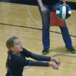 Nikiskis Abby White digs up a ball Saturday, Sept. 7, 2024, at the 17th Annual Shayna Pritchard Memorial Volleyball Tournament at Nikiski Middle-High School in Nikiski, Alaska. (Photo by Jeff Helminiak/Peninsula Clarion)