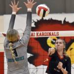 Avia Miller attacks against Ashlynne Playle on Tuesday, Sept. 10, 2024, at Kenai Central High School in Kenai, Alaska. (Photo by Jeff Helminiak/Peninsula Clarion)