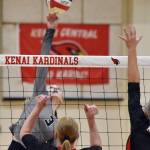 Nikiskis Blakeley Jorgensen attacks against Kenai Central on Tuesday, Sept. 10, 2024, at Kenai Central High School in Kenai, Alaska. (Photo by Jeff Helminiak/Peninsula Clarion)