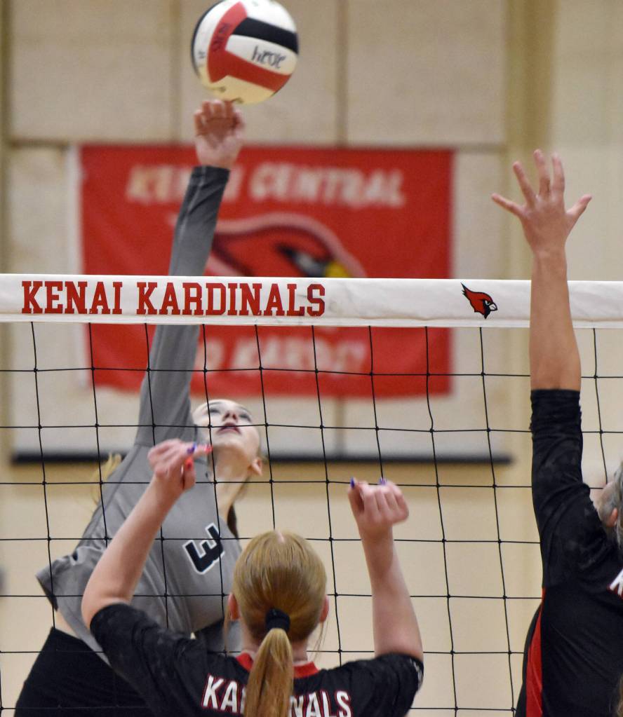 Nikiskis Blakeley Jorgensen attacks against Kenai Central on Tuesday, Sept. 10, 2024, at Kenai Central High School in Kenai, Alaska. (Photo by Jeff Helminiak/Peninsula Clarion)