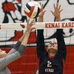 Nikiski's Alexa Iyatunguk attacks against Kenai's Central's Kate Wisnewski and Ellsi Miller on Tuesday, Sept. 10, 2024, at Kenai Central High School in Kenai, Alaska. (Photo by Jeff Helminiak/Peninsula Clarion)