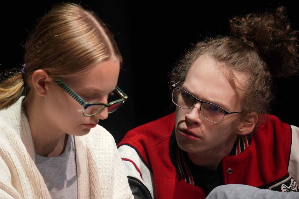 Arwen Waarvik and Gavin Hunt, part of the Kenai Performers cast of The Bullying Collection, rehearse at the Kenai Performers Theater in Kalifornsky, Alaska, on Monday, Sept. 9, 2024. (Jake Dye/Peninsula Clarion)