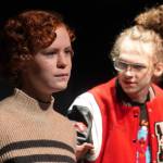 Audrey Anderson and Gavin Hunt, part of the Kenai Performers cast of The Bullying Collection, rehearse at the Kenai Performers Theater in Kalifornsky, Alaska, on Monday, Sept. 9, 2024. (Jake Dye/Peninsula Clarion)