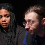 Shanette Jackson and Andrew Gunter, part of the Kenai Performers cast of The Bullying Collection, rehearse at the Kenai Performers Theater in Kalifornsky, Alaska, on Monday, Sept. 9, 2024. (Jake Dye/Peninsula Clarion)
