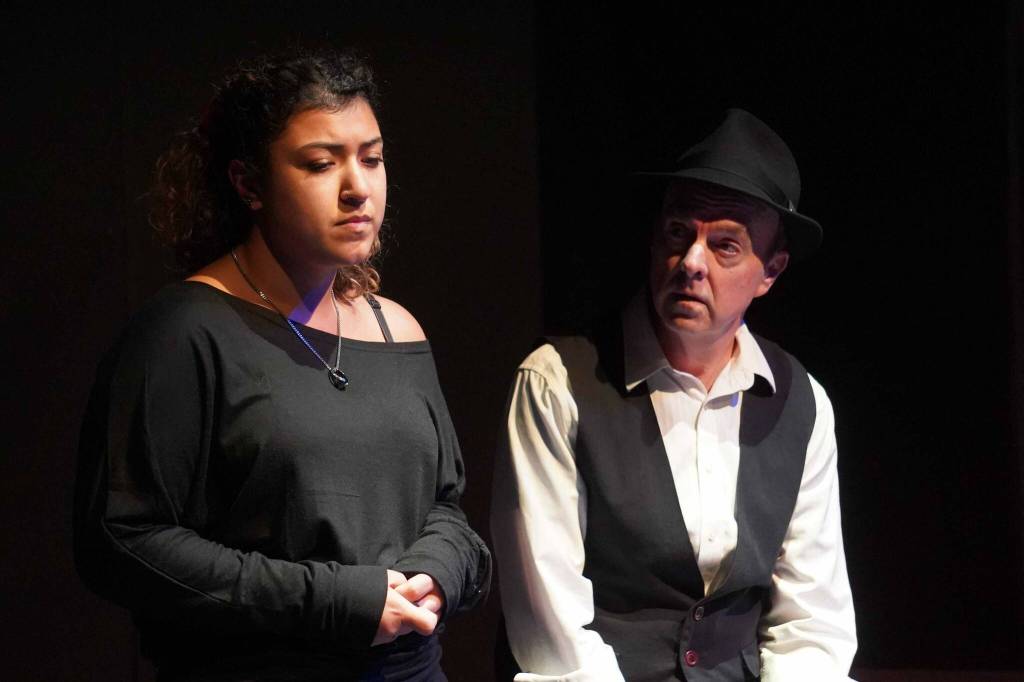Kassándra Feltman and Todd Sherwood, part of the Kenai Performers cast of Girl in the Mirror, rehearse at the Kenai Performers Theater in Kalifornsky, Alaska, on Monday, Sept. 9, 2024. (Jake Dye/Peninsula Clarion)