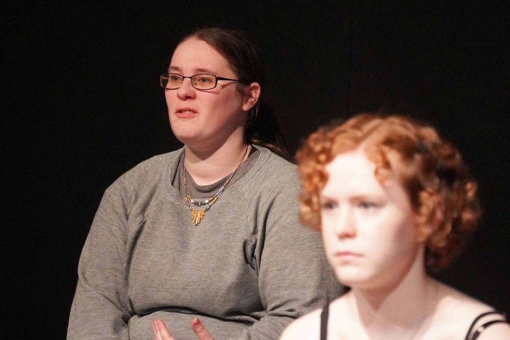 Heather Prisk and other members of the Kenai Performers cast of The Bullying Collection rehearse at the Kenai Performers Theater in Kalifornsky, Alaska, on Monday, Sept. 9, 2024. (Jake Dye/Peninsula Clarion)