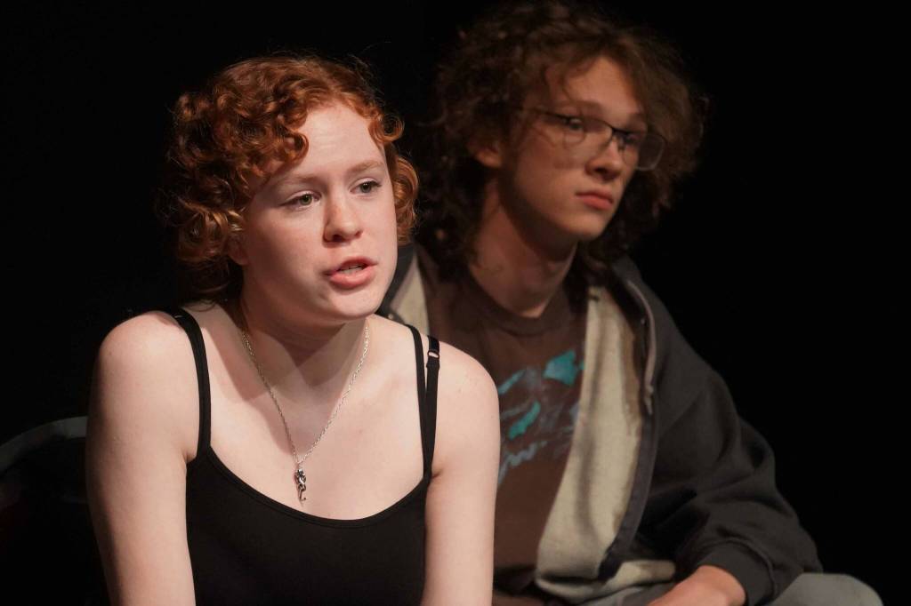 Audrey Anderson and Gavin Hunt, part of the Kenai Performers cast of The Bullying Collection, rehearse at the Kenai Performers Theater in Kalifornsky, Alaska, on Monday, Sept. 9, 2024. (Jake Dye/Peninsula Clarion)