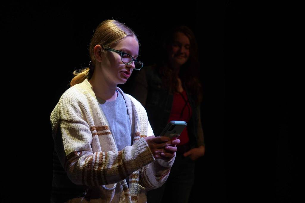 Arwen Waarvik and Catherine Prisk, part of the Kenai Performers cast of The Bullying Collection rehearse at the Kenai Performers Theater in Kalifornsky, Alaska, on Monday, Sept. 9, 2024. (Jake Dye/Peninsula Clarion)
