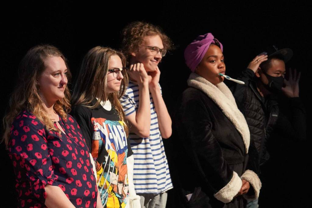 The Kenai Performers cast of The Bullying Collection rehearse at the Kenai Performers Theater in Kalifornsky, Alaska, on Monday, Sept. 9, 2024. (Jake Dye/Peninsula Clarion)