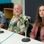 John Osenga, Michael Calhoon and Casie Warner participate in a Seward City Council candidate forum hosted by KBBI 890 AM and the Peninsula Clarion at the Seward Community Library and Museum in Seward, Alaska, on Thursday, Sept. 12, 2024. (Jake Dye/Peninsula Clarion)