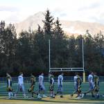 Seward and Nikiski shake hands after the first football game on the artificial turf Friday, Sept. 13, 2024, at Roger Steinbrecher Memorial Field in Seward, Alaska. (Photo by Jeff Helminiak/Peninsula Clarion)