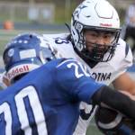 Soldotnaճ Lokeni Wong sets up to tackle Palmerճ Ben Asay during a 42-14 win over the Moose on Friday, Sept. 13, 2024, at Machetanz Field in Palmer, Alaska. (Photo by Jeremiah Bartz/Frontiersman)