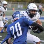 Soldotnas Lokeni Wong sets up to tackle Palmers Ben Asay during a 42-14 win over the Moose on Friday, Sept. 13, 2024, at Machetanz Field in Palmer, Alaska. (Photo by Jeremiah Bartz/Frontiersman)