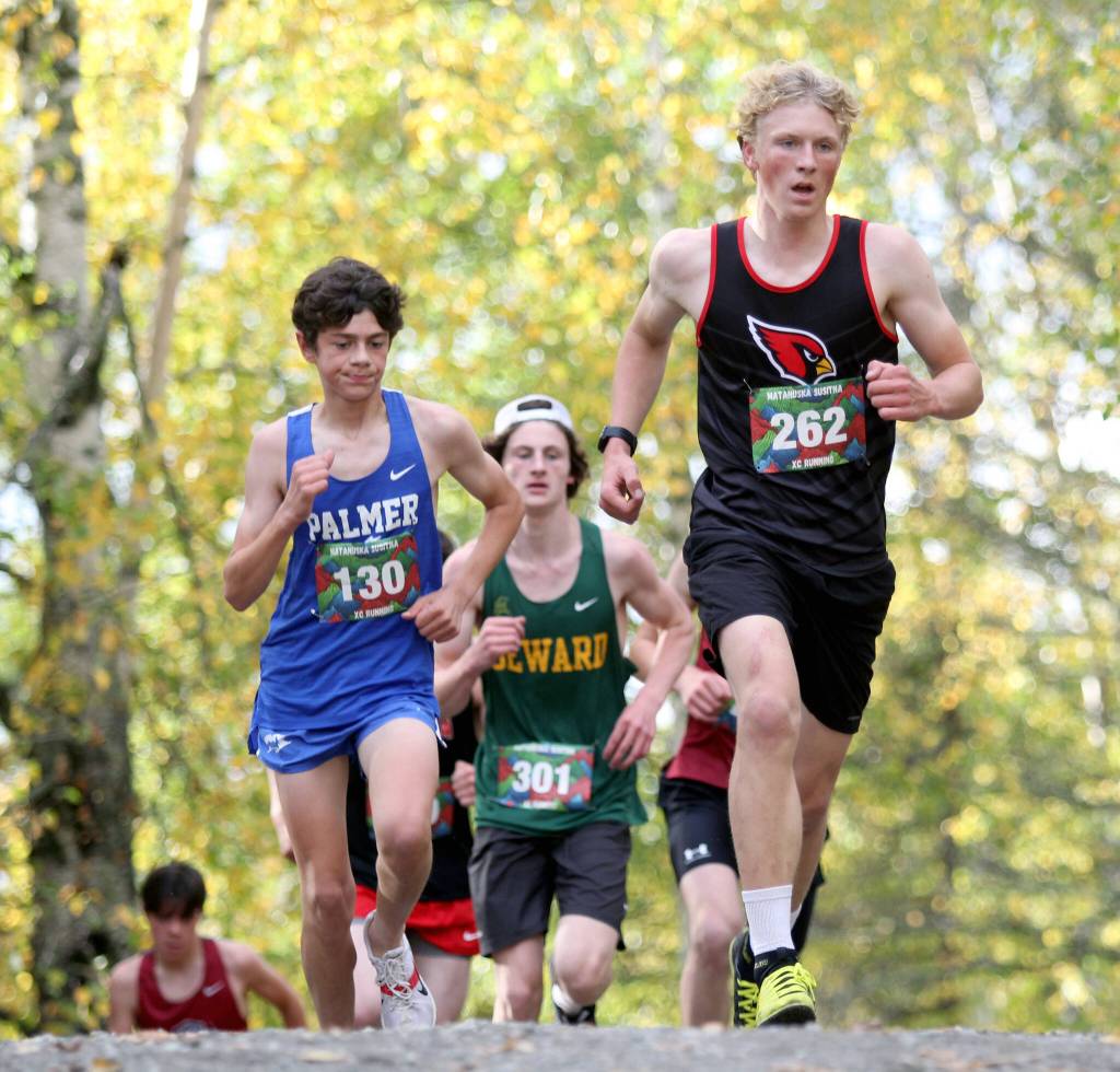 Kenai Centrals Chase Laker clears an incline during the boys varsity race of the Wasilla Trailblazer Invite on Friday, Sept. 13, in Wasilla, Alaska. (Photo by Jeremiah Bartz/Frontiersman)