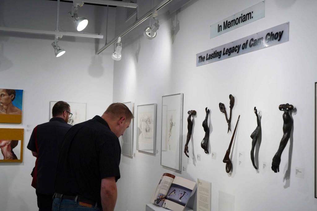 Artwork by Kenai Peninsula College Associate Professor of Art Cambid-J Cam Choy is displayed in a memorial art gallery at Kenai Peninsula College in Soldotna, Alaska, on Friday, Sept. 13, 2024. (Jake Dye/Peninsula Clarion)