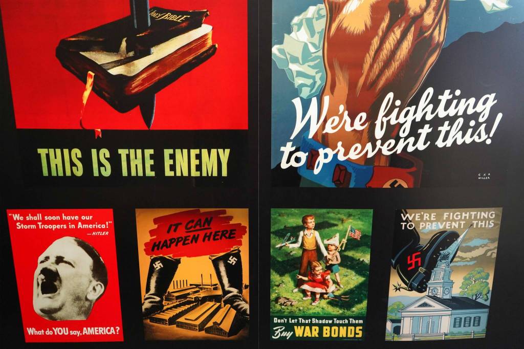 A display of propaganda is seen in the Americans and the Holocaust traveling exhibition at the Seward Community Library and Museum in Seward, Alaska, on Thursday, Sept. 12, 2024. (Jake Dye/Peninsula Clarion)