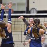 Nikiskis Mandee Roofe attacks against Soldotnas Sadie Lane and Hallie Fischer on Thursday, Sept. 19, 2024, at Nikiski Middle-High School in Nikiski, Alaska. (Photo by Jeff Helminiak/Peninsula Clarion)