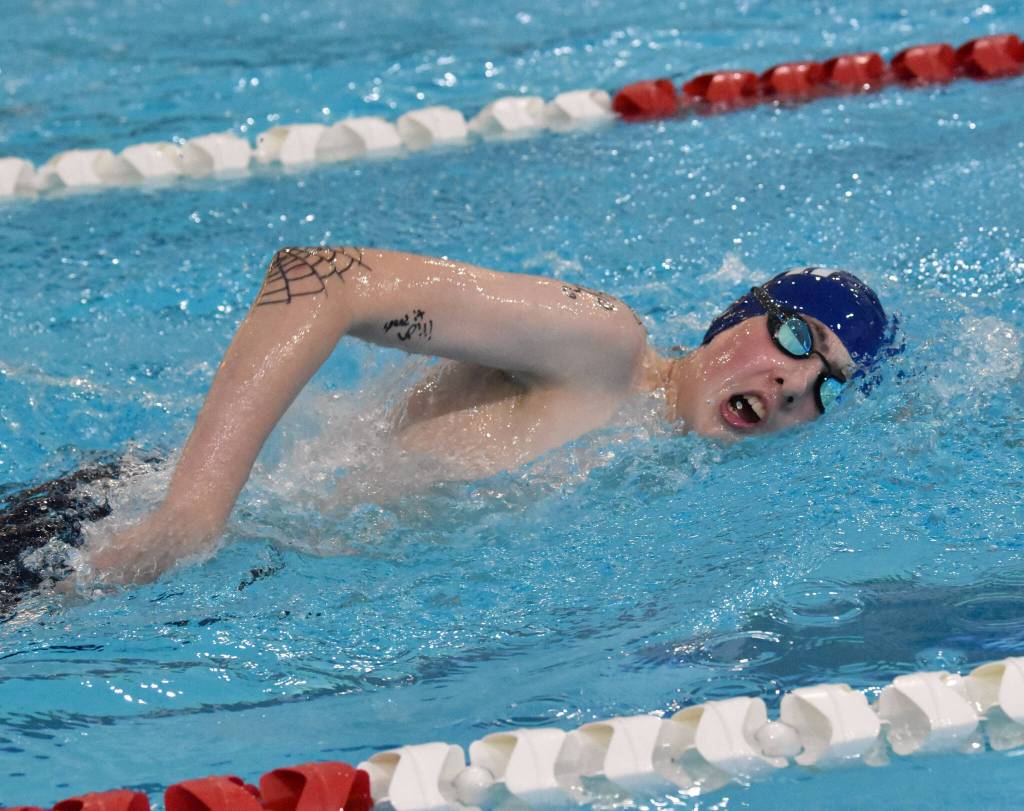 Soldotnas Dwight Brown competes in the 500-yard freestyle at the Kenai Invitational on Saturday, Sept. 21, 2024, at Kenai Central High School in Kenai, Alaska. (Photo by Jeff Helminiak/Peninsula Clarion)