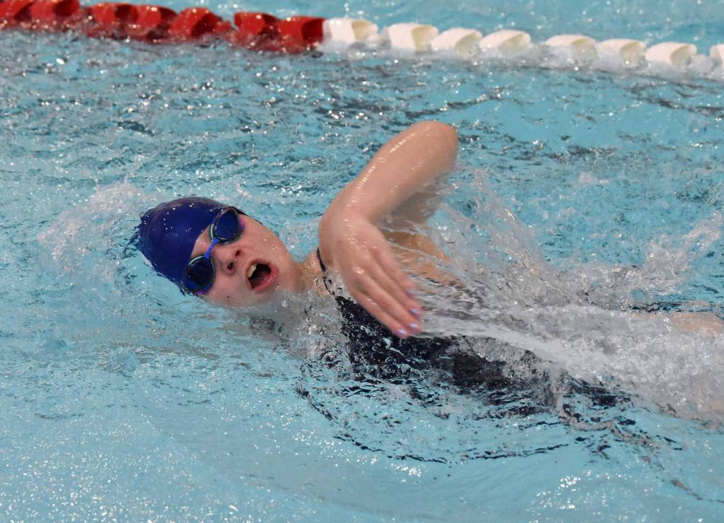 Soldotnas Gen Sheldon competes in the 400-yard freestyle relay at the Kenai Invitational on Saturday, Sept. 21, 2024, at Kenai Central High School in Kenai, Alaska. (Photo by Jeff Helminiak/Peninsula Clarion)