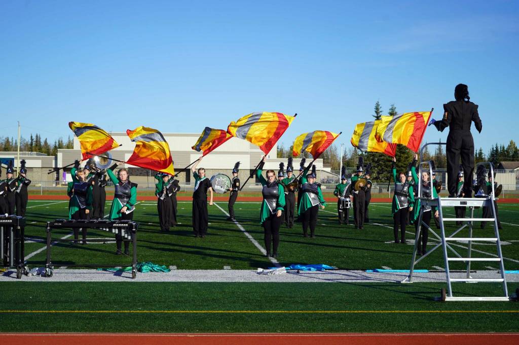 The Colony High School Marching Band, Thee Northern Sound, performs during the Kenai Marching Showcase at Ed Hollier Field in Kenai, Alaska, on Saturday, Sept. 21, 2024. (Jake Dye/Peninsula Clarion)