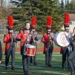 The Kenai Central High School Marching Band performs Snakes and Songbirds: The Music of the Hunger Games during the Kenai Marching Showcase at Ed Hollier Field in Kenai, Alaska, on Saturday, Sept. 21, 2024. (Jake Dye/Peninsula Clarion)