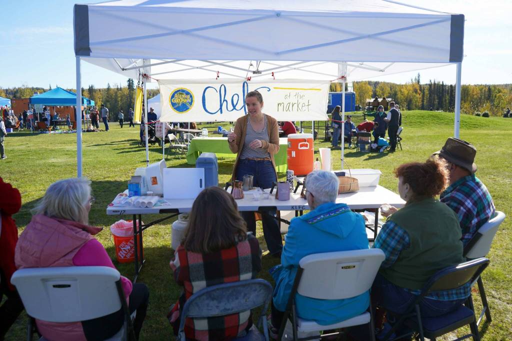 Megan Weston leads Tea 101 under the Chef Tent during the Harvest Moon Local Food Festival at Soldotna Creek Park in Soldotna, Alaska, on Saturday, Sept. 21, 2024. (Jake Dye/Peninsula Clarion)