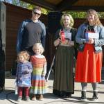 Adult winners of the Harvest Moon Local Food Festivals pie contest stand with their awards at Soldotna Creek Park in Soldotna, Alaska, on Saturday, Sept. 21, 2024. From left: third-place John, Helen and Matthew Messick; second-place Rachel Monson; and first-place Moira Ireland (Jake Dye/Peninsula Clarion)