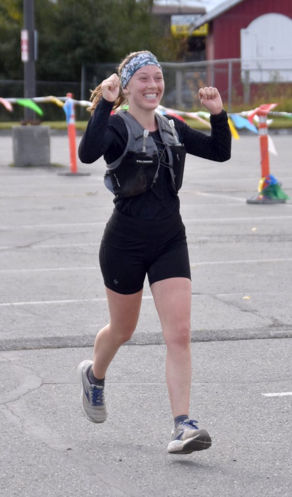 Kasilofs Ellie Tadych runs to victory in the womens marathon at the Kenai River Marathon on Sunday, Sept. 29, 2024, in Kenai, Alaska. (Photo by Jeff Helminiak/Peninsula Clarion)