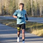 Anchorages Micah Templin runs to victory in the mens half marathon at the Kenai River Marathon on Sunday, Sept. 29, 2024, in Kenai, Alaska. (Photo by Jeff Helminiak/Peninsula Clarion)