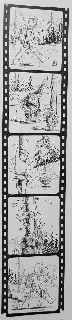 This five-panel cartoon depicting Warren Melville Nutters encounter with an angry black bear sow was created by F.W. Gabler to accompany Nutters story of the incident, which he wrote for the June 1936 issue of The Alaska Sportsman Magazine.
